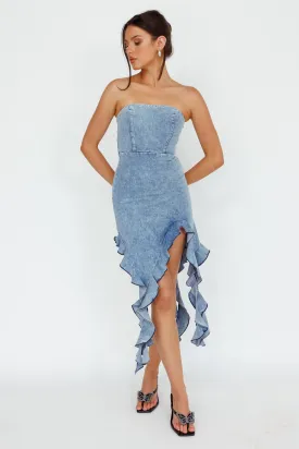 After Party Ruffle Trim Mini Dress Denim Blue