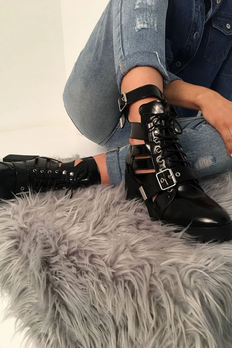 Black PU Cut Out Buckle Ankle Boots - Morgyn