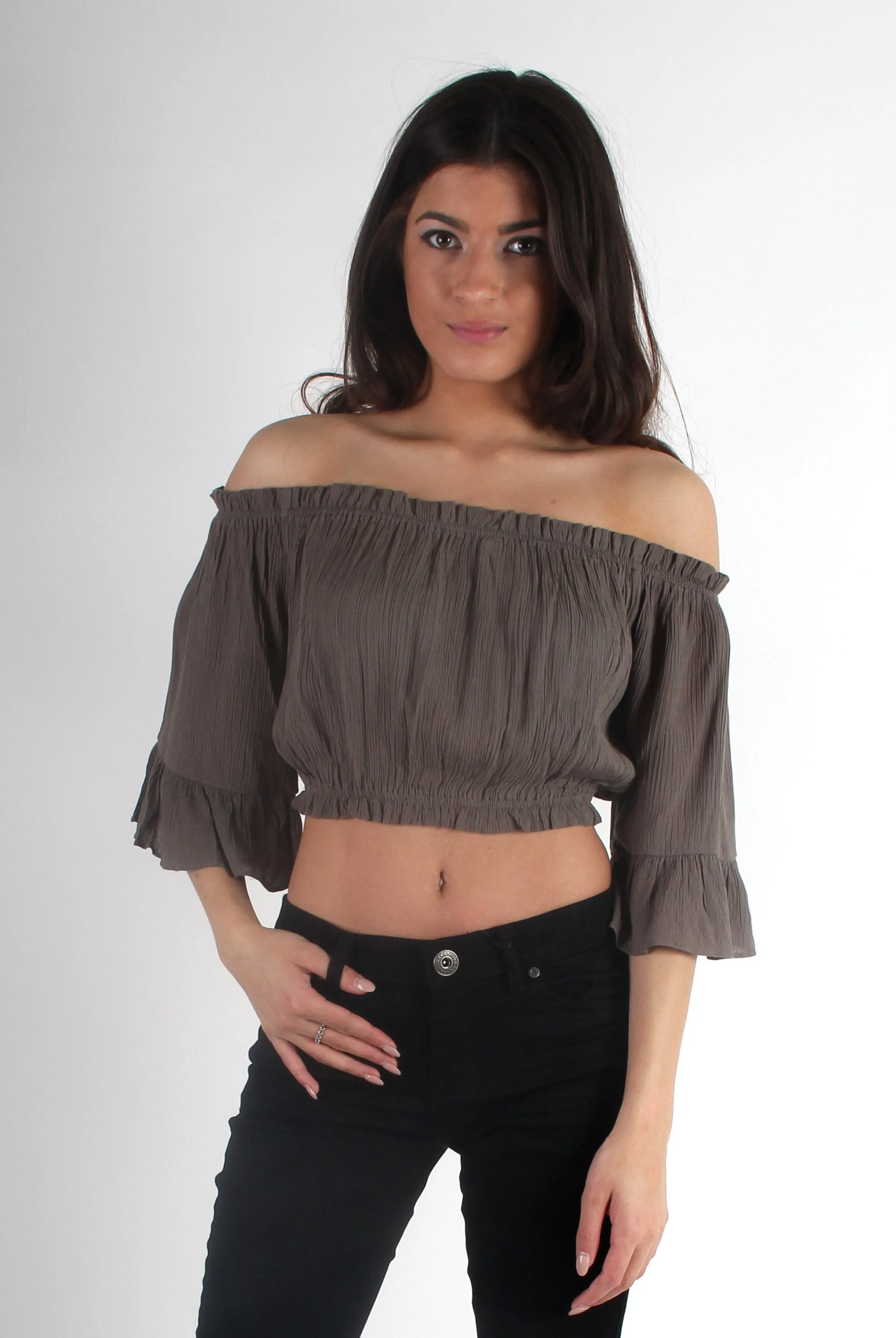 Brit Khaki Off The Shoulder Crop