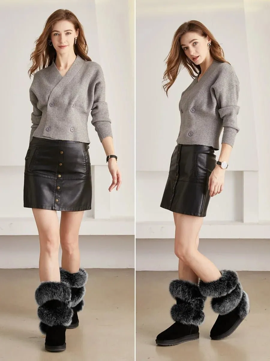 Fox Fur Sheepskin Snow Boots - Genuine Fur, Knee-High, Flat-Heeled Design