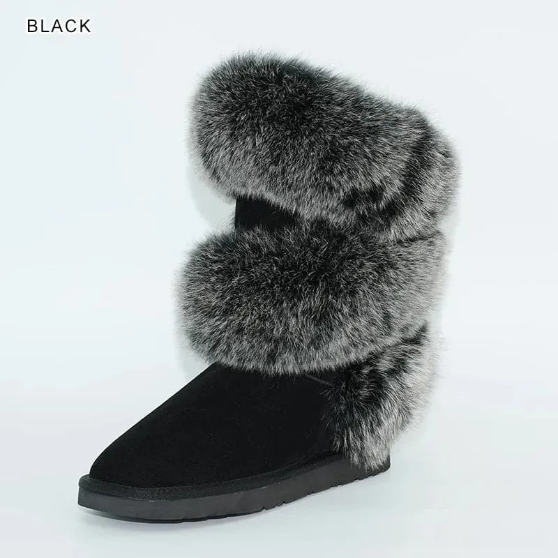 Fox Fur Sheepskin Snow Boots - Genuine Fur, Knee-High, Flat-Heeled Design