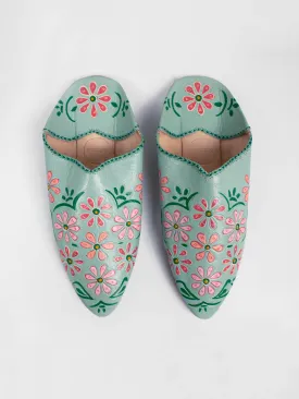 Hand Painted Flower Babouche Slippers, Sage