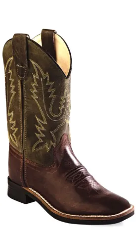 Old West Olive Green Youth Boys Leather Broad Square Toe Cowboy Boots 7 D