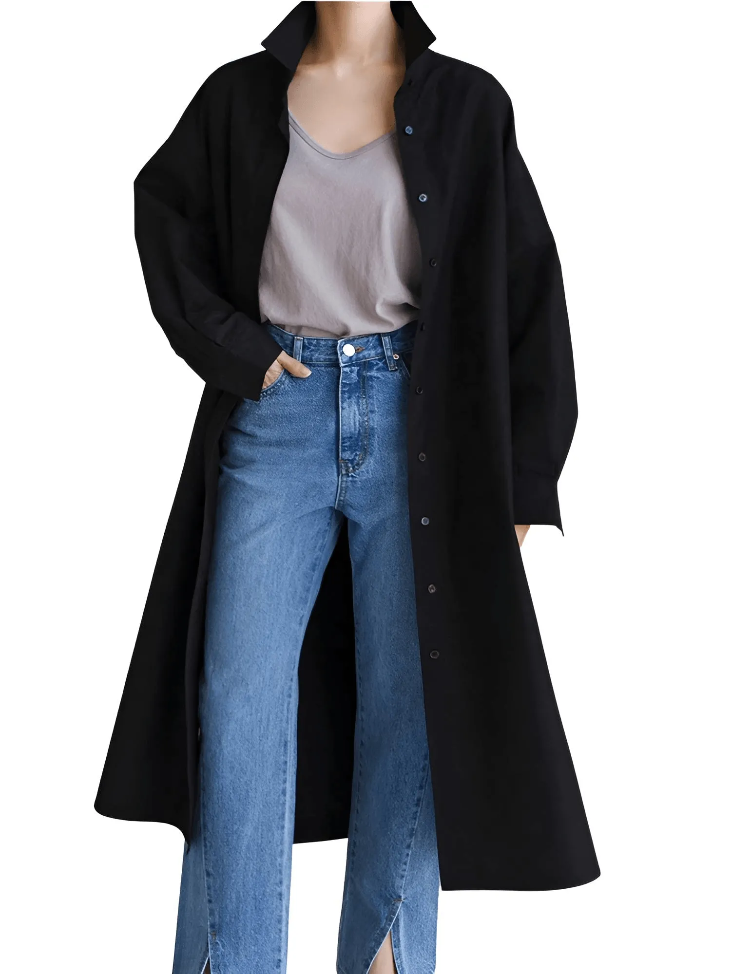 Women's Extra Long Blouse Casual New Lapel Long Sleeve Loose Fit Shirt Women's Fashion